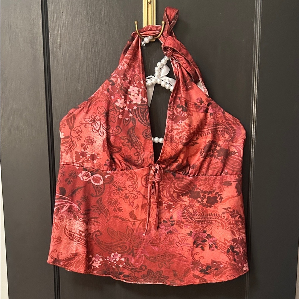 SHEIN Red Floral Halter Blouse